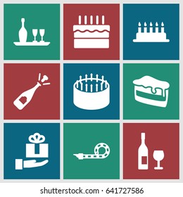 Celebrate icons set. set of 9 celebrate filled icons such as cake, opened champagne, piece of cake, party pipe, wine bottle and glass, gift on hand