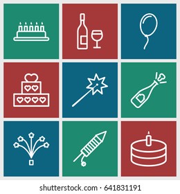 Celebrate icons set. set of 9 celebrate outline icons such as fireworks, cake, balloon, opened champagne, wine glass and bottle