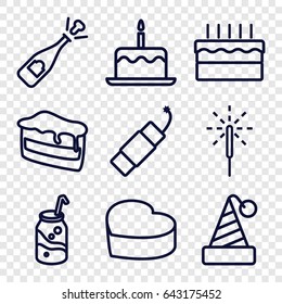 Celebrate icons set. set of 9 celebrate outline icons such as cake with one candle, piece of cake, soda, sparkler, firework, opened champagne