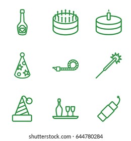 Celebrate icons set. set of 9 celebrate outline icons such as sparklers, champagne bottle with heart, party pipe, firework, cake, party hat