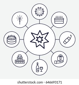 Celebrate icons set. set of 9 celebrate outline icons such as cake, sparkler, firework, fireworks, wine glass and bottle