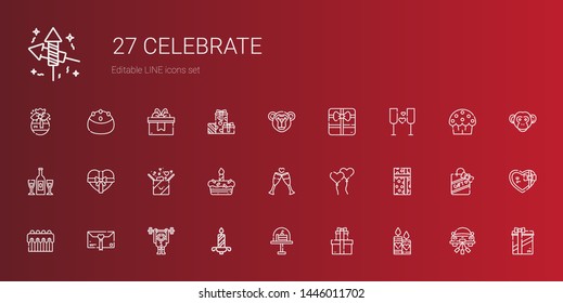 celebrate icons set. Collection of celebrate with candles, gifts, cake, candle, monkey, gift, ballons, toast, champagne, wine, wedding car. Editable and scalable celebrate icons.