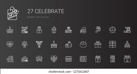 celebrate icons set. Collection of celebrate with gift, wine, cake, wedding car, newlyweds, gifts, champagne, monkey, candle, wedding cake. Editable and scalable celebrate icons.
