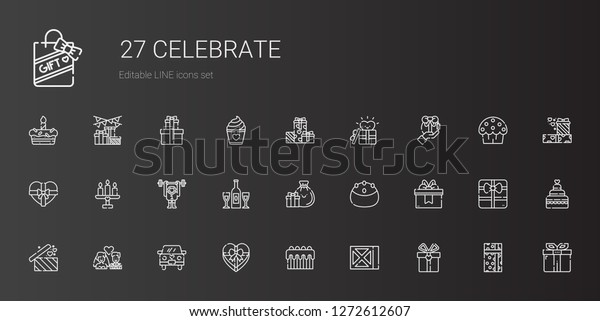 celebrate icons\
set. Collection of celebrate with gift, wine, cake, wedding car,\
newlyweds, gifts, champagne, monkey, candle, wedding cake. Editable\
and scalable celebrate\
icons.