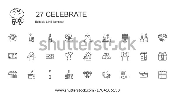 celebrate icons set. Collection of celebrate with\
gift, wine, monkey, champagne, champagne glass, cake, ballons,\
gifts, ghost, toast, fireworks. Editable and scalable celebrate\
icons.