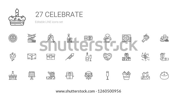 celebrate icons set. Collection of celebrate with\
gifts, champagne glass, wedding car, gift, cake, champagne,\
fireworks, wine, ghost, newlyweds. Editable and scalable celebrate\
icons.