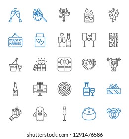 celebrate icons set. Collection of celebrate with monkey, cake, champagne glass, ghost, gift, gifts, wine, champagne, wedding gift, just married. Editable and scalable celebrate icons.
