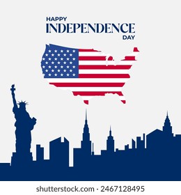 Celebrate Independence Day with the American flag on a map of America, featuring New York City's Statue of Liberty, symbolizing patriotism and the enduring spirit of freedom.