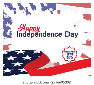 Celebrate Independence Day with patriotic artwork featuring the American flag and a special discount offer, perfect for promotions and expressing national pride. Flat vector modern illustration 