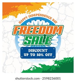 Celebrate Independence Day with a special freedom sale offering exciting discounts of up to 50%. Indian Independence Day sales promotion. Independence Day sale concept. Flat vector illustration.