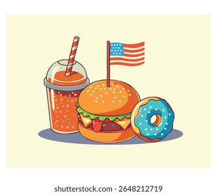 Celebrate Independence Day in style with our vibrant illustration featuring an iconic American feast: a juicy hamburger, a delectable donut, and a refreshing drink