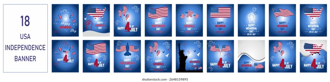 Celebrate America’s Independence Day with this festive vector set, featuring the US flag, fireworks, patriotic balloons, liberty hand sign, and the United States map silhouette. Ideal for posters.