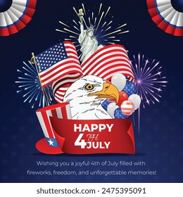 Celebrate Independence Day with this vibrant 4th of July illustration! Featuring a bald eagle, American flags, Statue of Liberty, and fireworks, it's perfect for sharing patriotic joy.