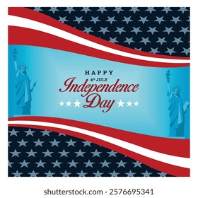 Celebrate Independence Day with this vibrant design showcasing patriotic colors, stars, and the Liberty Statue. Ideal for American holiday promotions, festive events. Flat vector modern illustration 