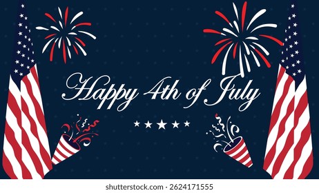 Celebrate Independence Day with this vibrant greeting card featuring fireworks and American flags. Perfect for holiday promotions and social media posts. USA Flag Vector..