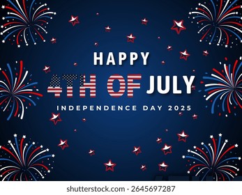 Celebrate Independence Day with this vibrant graphic featuring "Happy 4th of July" text, American flag elements, and festive fireworks against a dark blue, star-studded background. Perfect for patriot