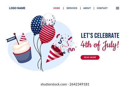 Celebrate Independence Day USA web page banner template. Holiday 4th of July website design.Popper. balloon and cupcake design. Vector header 