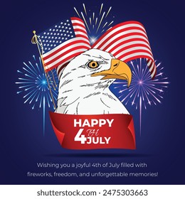 Celebrate Independence Day with a vibrant 4th of July illustration! A majestic bald eagle, American flags, and colorful fireworks set a festive tone, perfect for sharing patriotic joy and freedom.