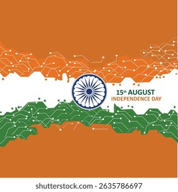 Comemore o Dia da Independência da Índia (15 de agosto) com este vetor moderno de tecnologia. Possui uma bandeira tricolor abstrata (açafrão, branco, verde) como uma placa de circuito digital, com o Ashoka Chakra