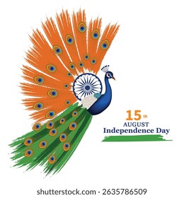 Celebrate Indian Independence Day (Aug 15) with this stunning vector art. Features a majestic peacock, India's national bird, with its tail feathers in tricolor (saffron, green) and the Ashoka Chakra.
