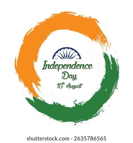 Celebrate Indian Independence Day (August 15th) with this creative design. Features a dynamic circular brushstroke in national flag colors (saffron, green) framing the Ashoka Chakra