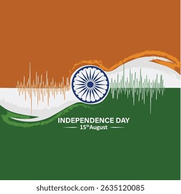 Comemore o Dia da Independência da Índia em 15 de agosto com esta ilustração vetorial dinâmica. Possui uma bandeira tricolor estilizada e ondulada (açafrão, branco, verde) com o Ashoka Chakra