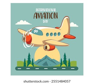 Celebrate International Aviation Day with this stunning illustration showcasing an airplane soaring gracefully over majestic mountains and lush trees