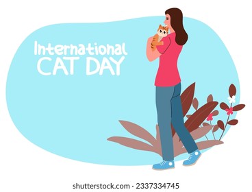 Celebrate international Cat Day with this adorable vector illustration, heartwarming scene of a young woman embracing a cute cat in her arms, perfect for cat lovers and feline enthusiasts