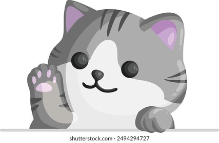 Celebrate International Cat Day with this adorable half-body gray cat vector waving hi. Perfect for greeting cards, stickers, and digital projects. This friendly feline adds a cheerful touch.