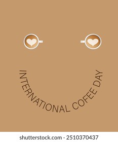 "Celebrate International Coffee Day with coffee cups, each smiling on a brown background, spreading warmth and joy!"