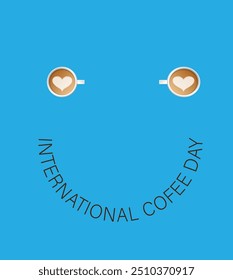 "Celebrate International Coffee Day with coffee cups, each smiling on a blue  background, spreading warmth and joy!"