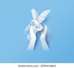  Celebrate the International Day of Peace on September 21st, symbolized by the dove of peace soaring over a united world, paper cut style.content was created using vector drawing tools and software