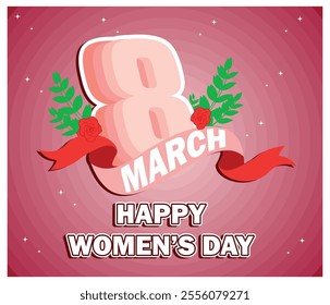 Celebrate International Women Day with a bright poster featuring green leaves and a bold red ribbon. Perfect for honoring and empowering women on March 8th. Flat vector modern illustration 