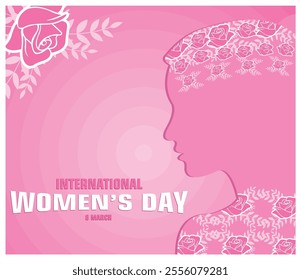 Celebrate International Women Day with this elegant pink. A woman profile adorned with roses symbolizes beauty, strength, and empowerment. Flat vector modern illustration 