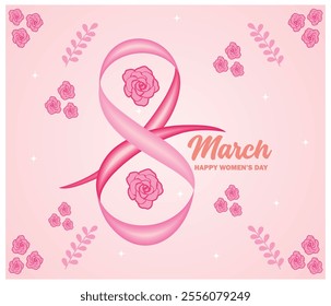 Celebrate International Women's Day with this elegant design featuring a pink ribbon and beautiful pink roses. Perfect for expressing appreciation and support for women's achievements worldwide.