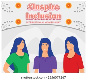 Celebrate International Women's Day with this vibrant promoting inclusion and empowerment. Features diverse women with colorful outfits and floral accents. Flat vector modern illustration 