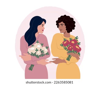 Celebrate International Womens Day. Women of different nationalities and cultures hold hands. Beautiful women hold bouquets of white and red peonies. Womens respect and solidarity.