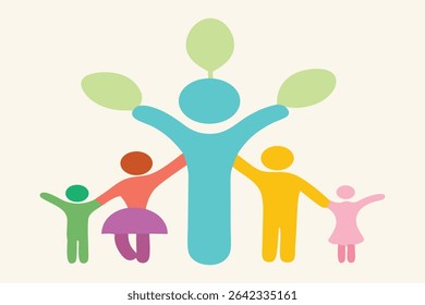 Celebrate International Yoga Day with heartwarming unity! Minimalist vector art of a diverse family tree with multi-gen, multi-ethnic figures holding hands. Perfect for posters and social media.