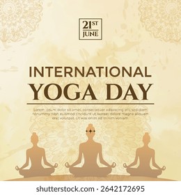 Celebrate International Yoga Day with this serene illustration depicting meditation and inner peace, featuring yoga silhouettes on an elegant mandala design background.