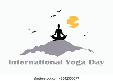 Celebrate International Yoga Day with this serene ink-wash vector art of a yogi meditating atop a mountain peak, surrounded by clouds and birds. Subtle watercolor textures add depth.