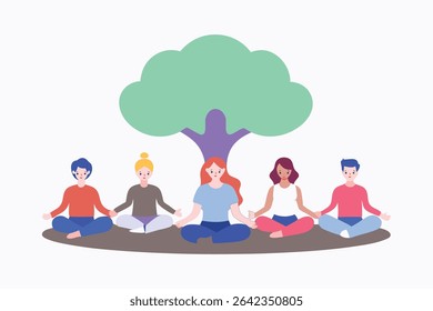 Celebrate International Yoga Day with this peaceful vector art of people meditating together under a giant tree. Soft pastel tones and clean design symbolize harmony and unity for all ages.