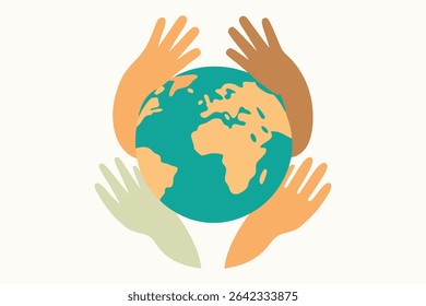 Celebrate International Yoga Day with unity-themed vector art! Diverse hands cradling a glowing Earth symbolize collective responsibility. Perfect for eco-campaigns, posters and social media.