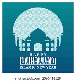 Celebrate the Islamic New Year with this vibrant design featuring a mosque silhouette and intricate patterns symbolizing harmony, tradition, and spirituality. Flat vector modern illustration 