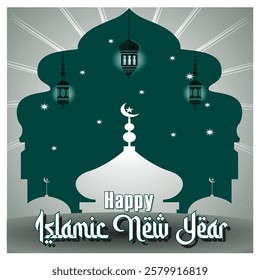 Celebrate the Islamic New Year with this elegant design featuring a mosque, lanterns and stars, symbolizing hope, spirituality and tradition in beautiful green and white. 