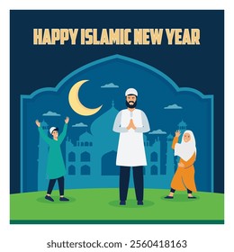 Celebrate Islamic New Year with a vibrant featuring a joyful family, a crescent moon, and a mosque. A beautiful depiction of traditions, unity, and the spirit of the holiday. 