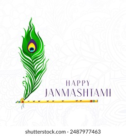Celebrate Janmashtami with an elegant design featuring a flute and peacock feather, symbolizing Lord Krishna's divine music and grace, creating a festive and spiritual atmosphere.