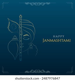 Celebrate Janmashtami with a striking invitation featuring Krishna in delicate line art on a serene blue background, symbolizing peace and divinity, perfect for this auspicious occasion.