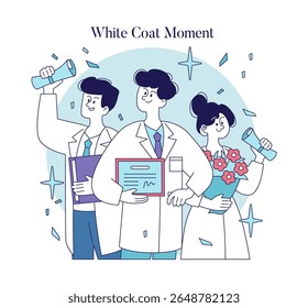 Comemore a jornada dos heróis da saúde com esta ilustração mostrando graduados orgulhosos em casacos brancos. Eles possuem diplomas, equipamentos de laboratório e flores, simbolizando esperança e dedicação.