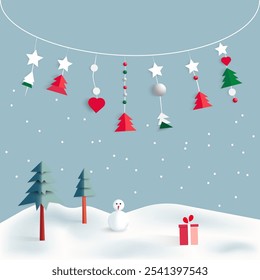 Celebrate the joy of Christmas with festive scene of snow cheerful snowman decorated tree, gifts capturing holiday warmth and magic in a cute flat design vector.