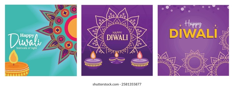 Celebrate the joy of Diwali with vibrant greeting cards. Featuring traditional lights, intricate mandala patterns and festive colors. Diwali festival concept. Set flat vector illustration.